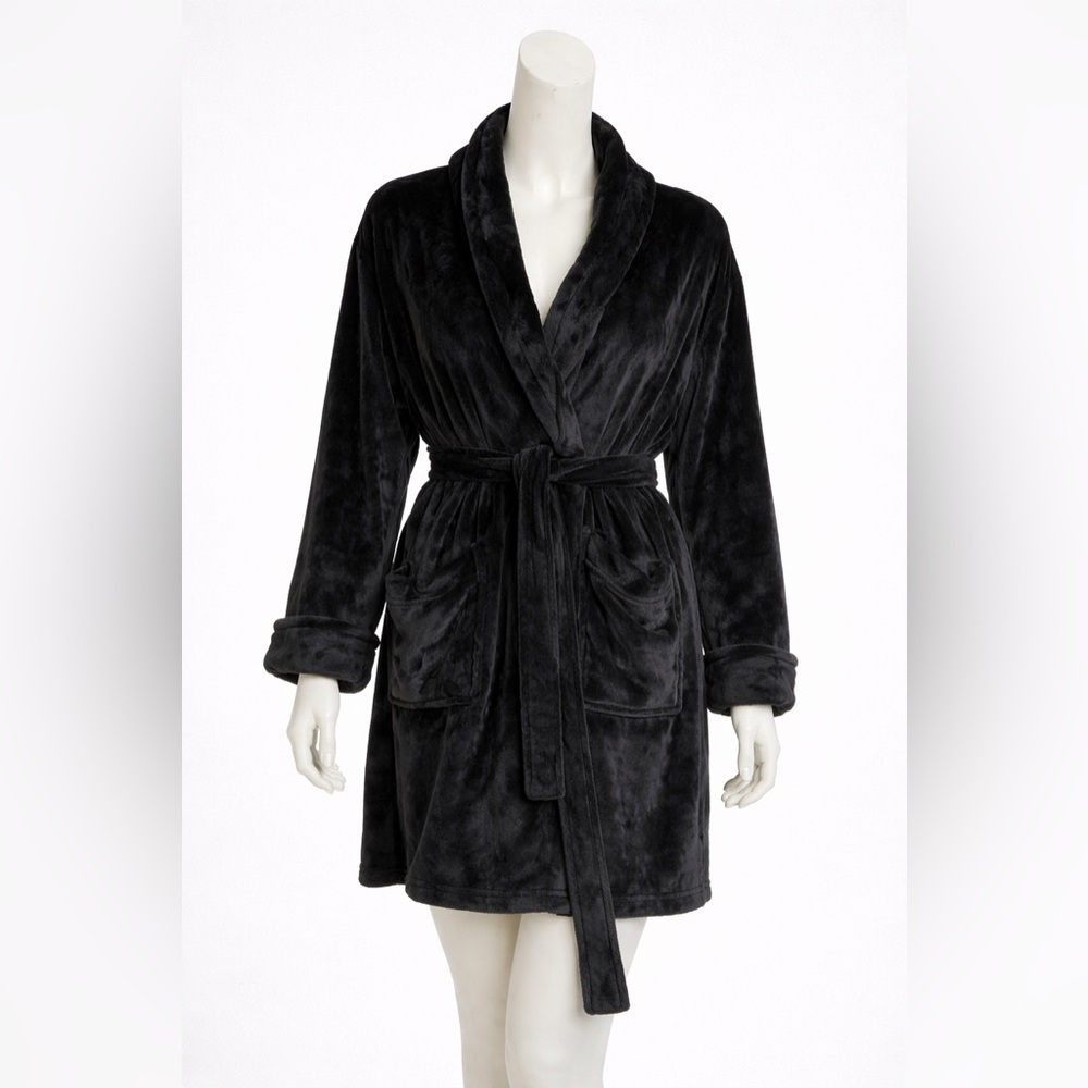 Black Velour Robe Wrap Plush Lounge Bathrobe One Size Cozy Soft